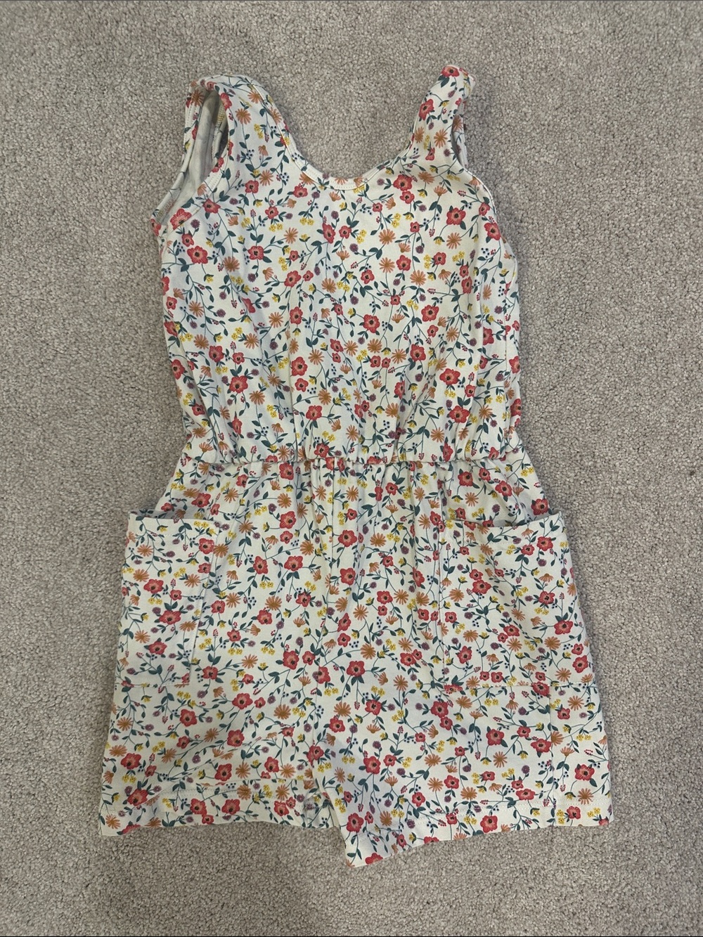 Alice and Ames Girls Floral Sleeveless Romper in Cream with Red & Yellow Flowers